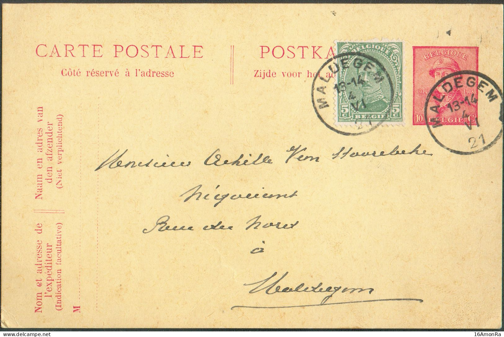 N°137 - 5 Centimes Em. 1915 An Affr. Complémentaire Sur E.P. Carte 10c. ROI CASQUE Obl. Sc MALDEGEM Du 4-VI-1921 Vers Ma - Postkarten 1909-1934