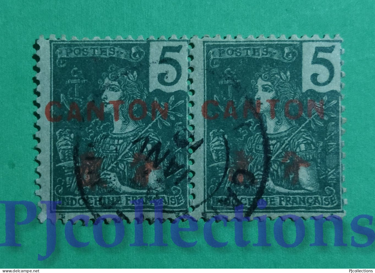 S786- FRENCH INDOCHINA CANTON 1907 OVERPRINTED 5c IN COPPIA - COUPLE USATI - USED - Oblitérés