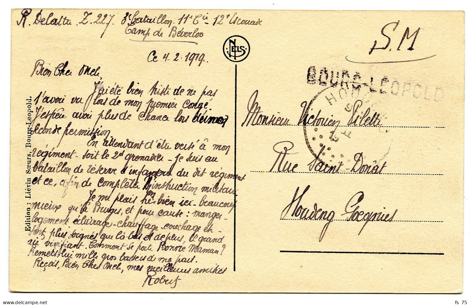BELGIQUE - GRIFFE BOURG LEOPOLD SUR CARTE EN FRANCHISE, 1919 - Lettres & Documents