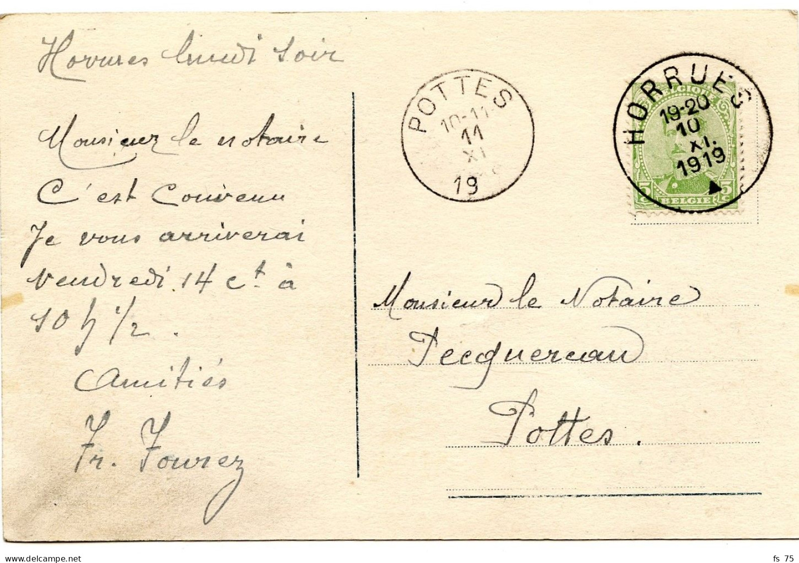BELGIQUE - COB 137 SIMPLE CERCLE HORRUES SUR CARTE POSTALE, 1919 - Lettres & Documents