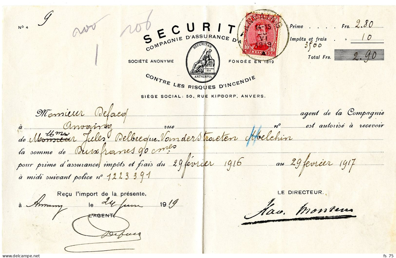 BELGIQUE - COB 138 SIMPLE CERCLE ANVAING SUR RECU, 1919 - Cartas & Documentos