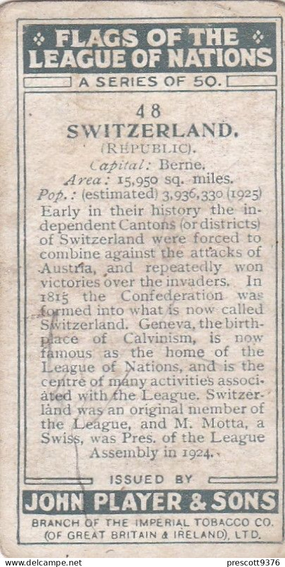 48 Switzerland - Flags Of The League  Of Nations 1928, Players Cigarettes, Original Card, - Player's