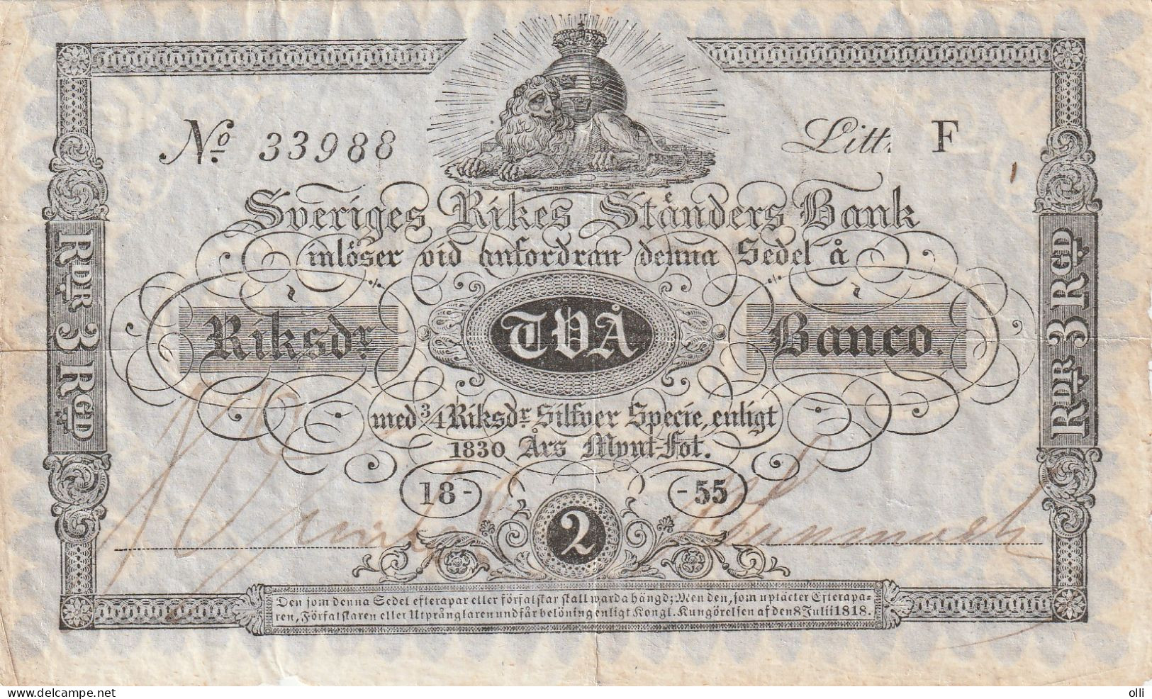 SWEDEN  2 Riksdaler Banco 1855 - Suecia