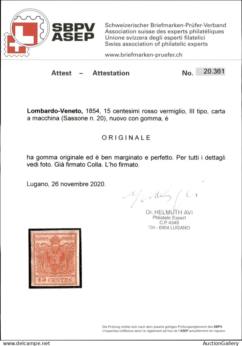 Antichi Stati Italiani - Lombardo Veneto - 1854 - 15 Cent (20) Carta A Macchina - Gomma Originale - Colla + Cert Avi - Other & Unclassified