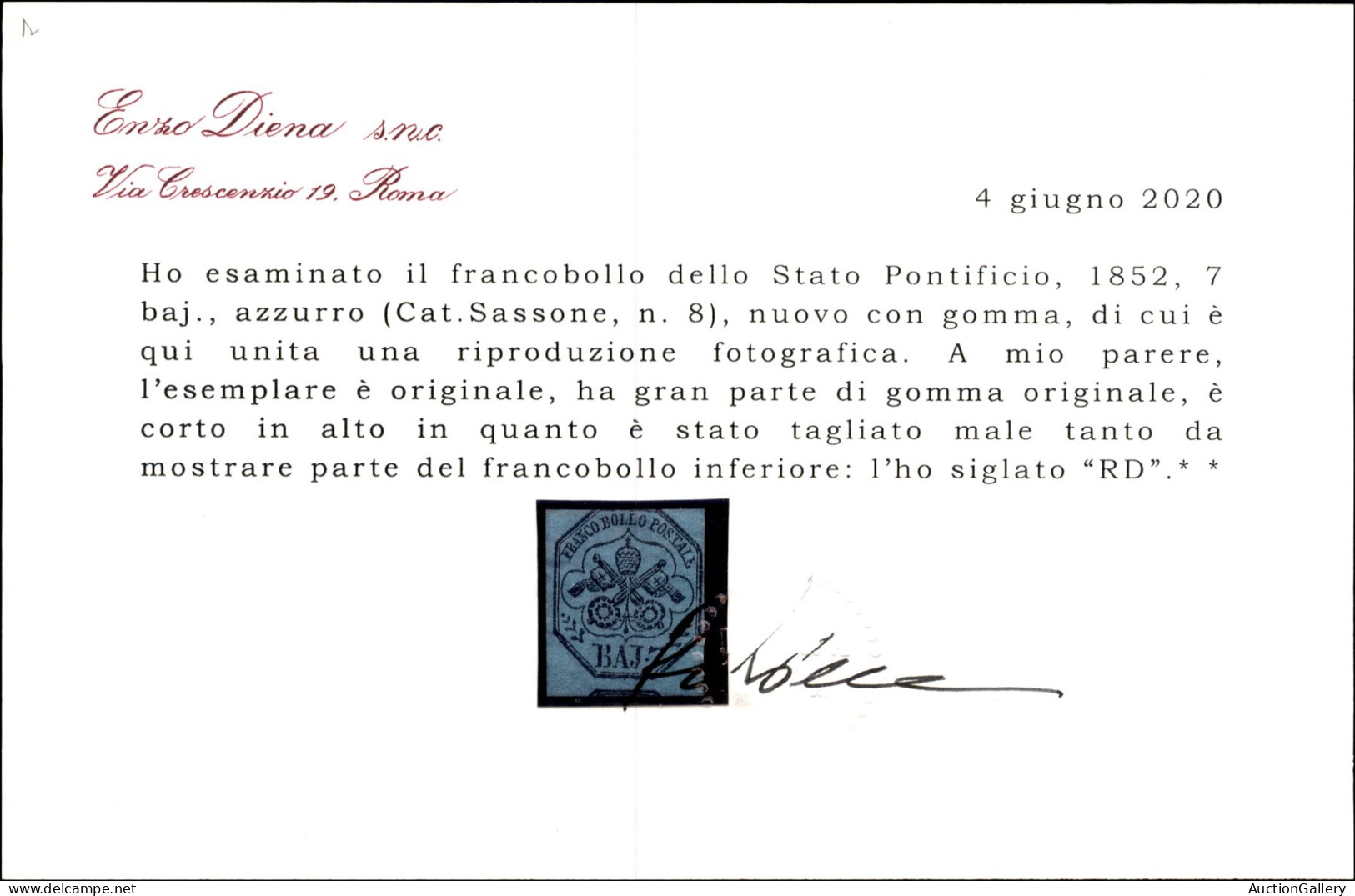 Antichi Stati Italiani - Stato Pontificio - 1852 - 7 Baj Azzurro (8) Corto In Alto Ma Con Parte Inferiore Del Francoboll - Altri & Non Classificati