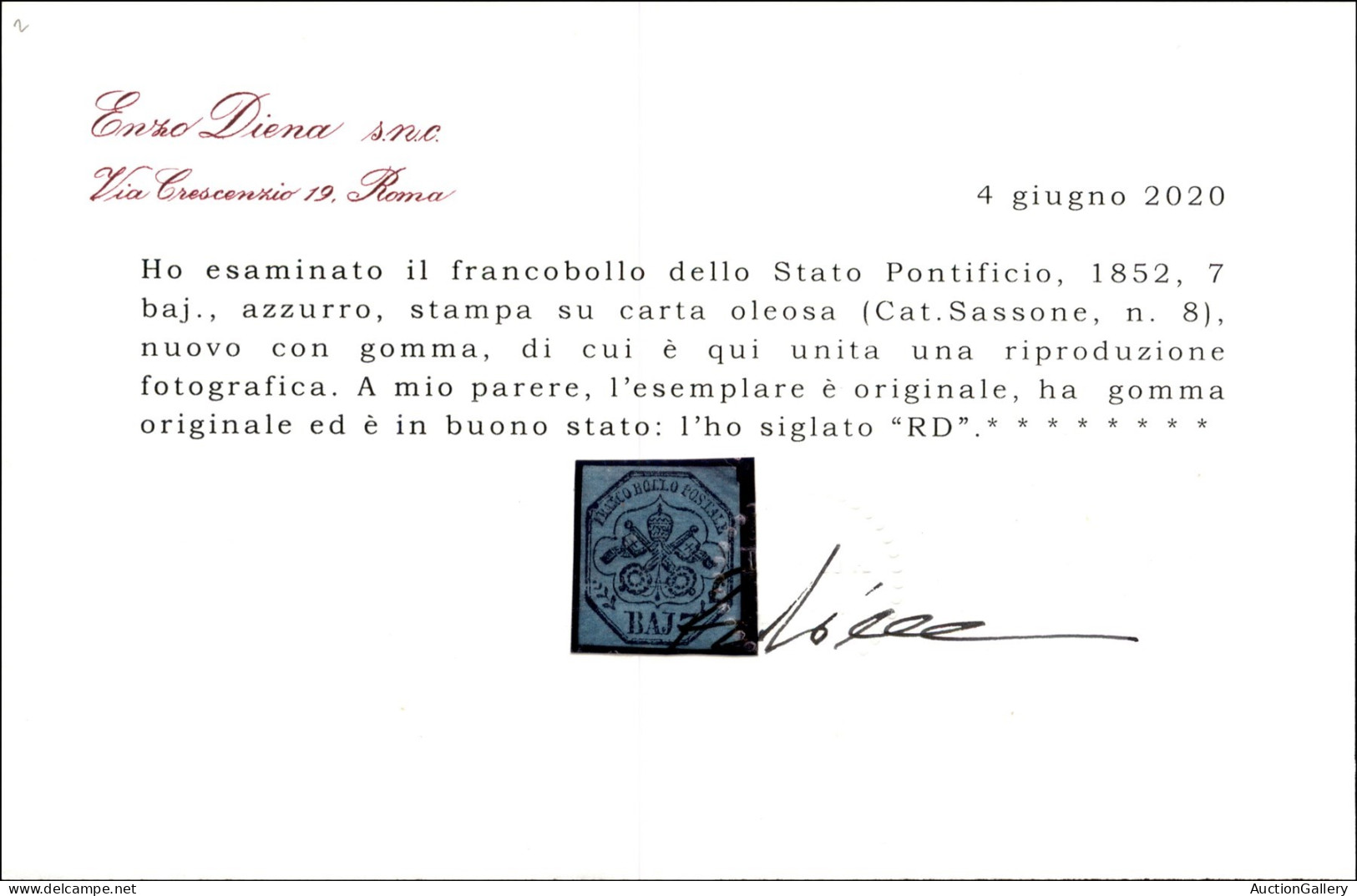 Antichi Stati Italiani - Stato Pontificio - 1852 - 7 Baj Azzurro (8) - Gomma Originale - Cert. Diena - Autres & Non Classés