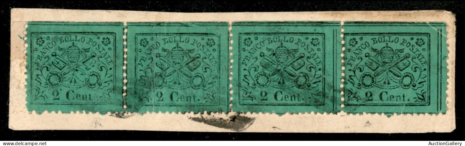 Antichi Stati Italiani - Stato Pontificio - 1868 - 2 Cent (22) - Striscia Orizzontale Di Quattro Usata Su Frammento - Bo - Other & Unclassified