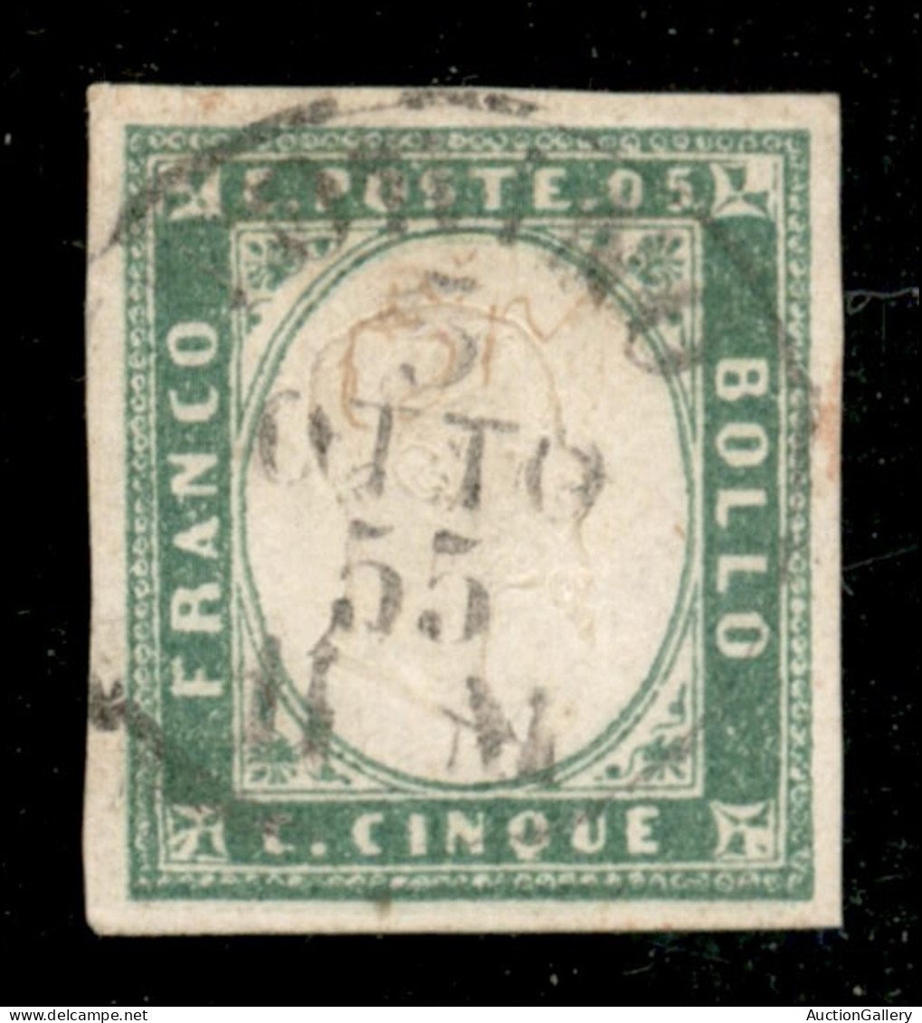 Antichi Stati Italiani - Sardegna - 1855 - 5 Cent Verde Giallo (13a) - Ben Marginato - Usato - Sorani + Cert. Oro Raybau - Sonstige & Ohne Zuordnung