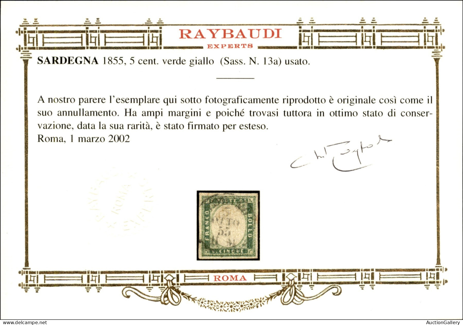 Antichi Stati Italiani - Sardegna - 1855 - 5 Cent Verde Giallo (13a) - Ben Marginato - Usato - Sorani + Cert. Oro Raybau - Other & Unclassified