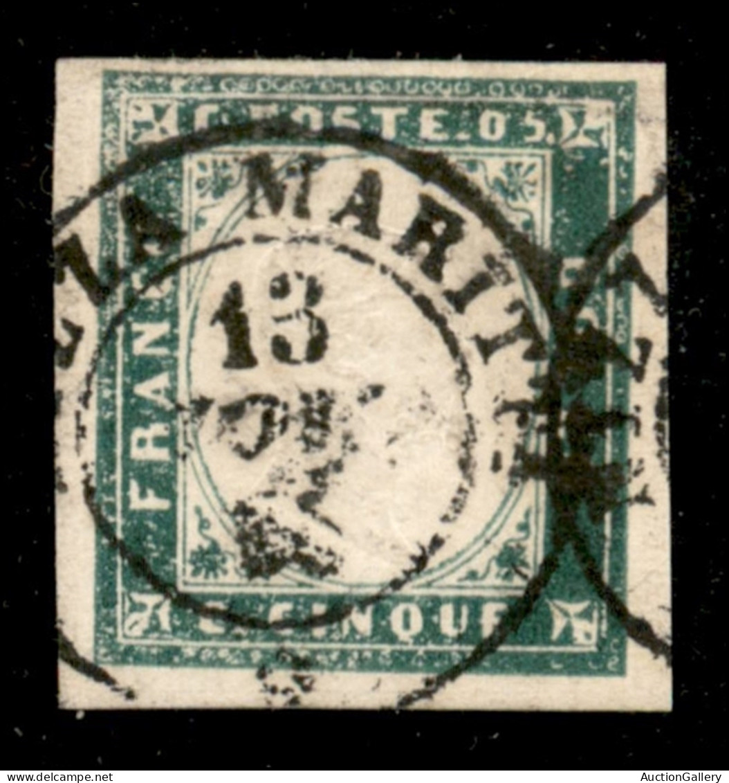 Antichi Stati Italiani - Sardegna - 1855 - 5 Cent Verde Smeraldo Grigiastro (13g) - Usato - Raybaudi + Diena (1.000) - Other & Unclassified