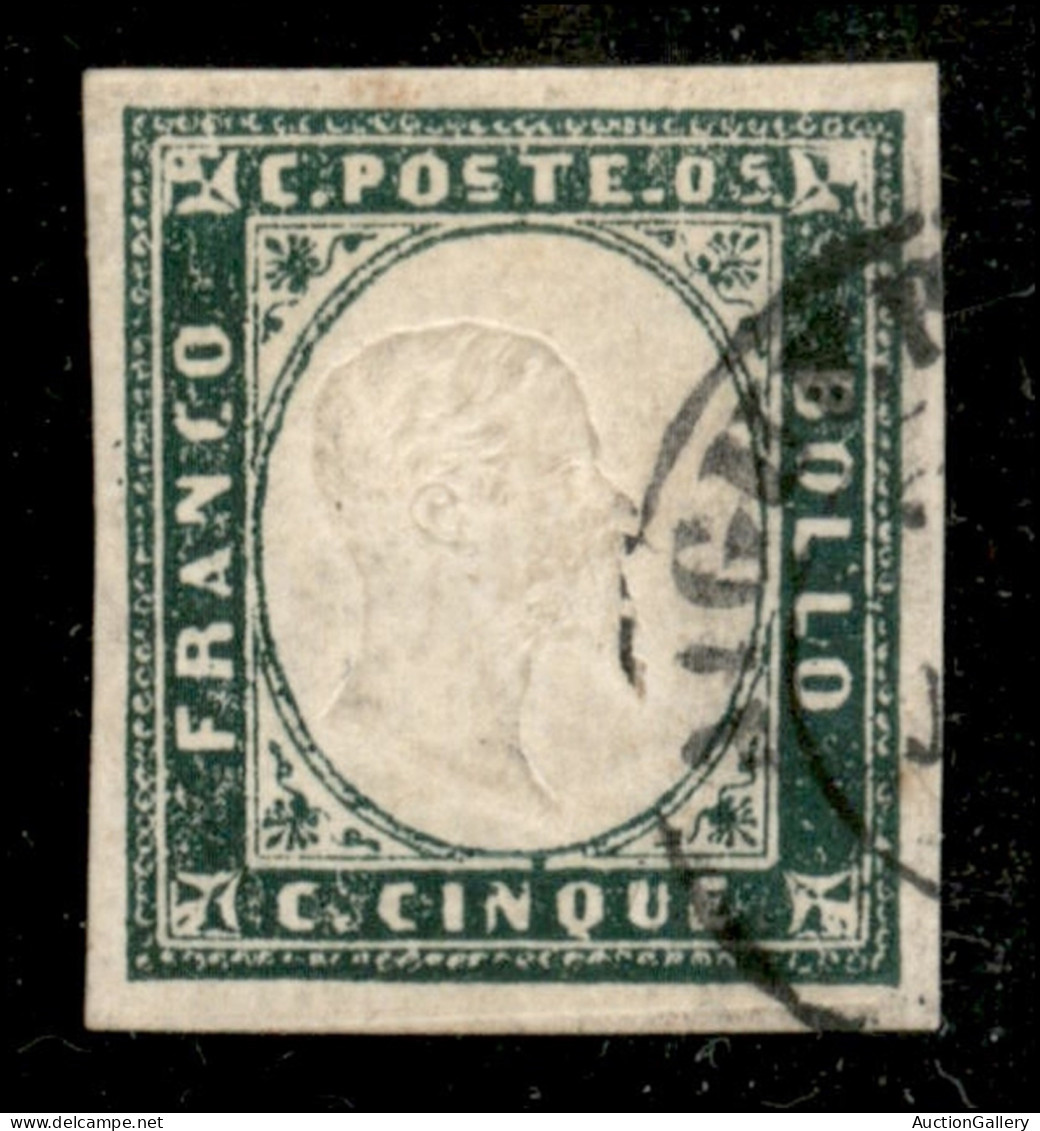 Antichi Stati Italiani - Sardegna - 1857 - 5 Cent Verde Mirto (13Aa) - Usato - Cert. Raybaudi (2.000) - Sonstige & Ohne Zuordnung