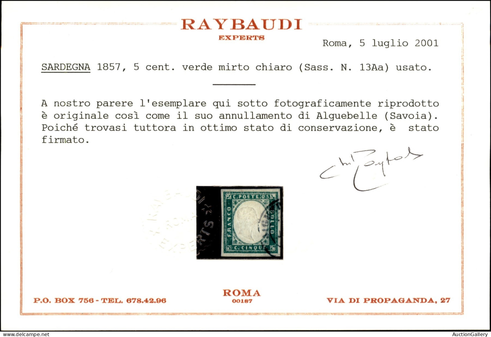 Antichi Stati Italiani - Sardegna - 1857 - 5 Cent Verde Mirto (13Aa) - Usato - Cert. Raybaudi (2.000) - Andere & Zonder Classificatie