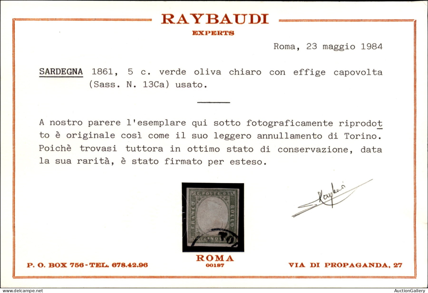 Antichi Stati Italiani - Sardegna - 5 Cent (13Ca) Con Effigie Capovolta - Usato - Cert. Diena + Cert. Raybaudi (8.500) - Other & Unclassified