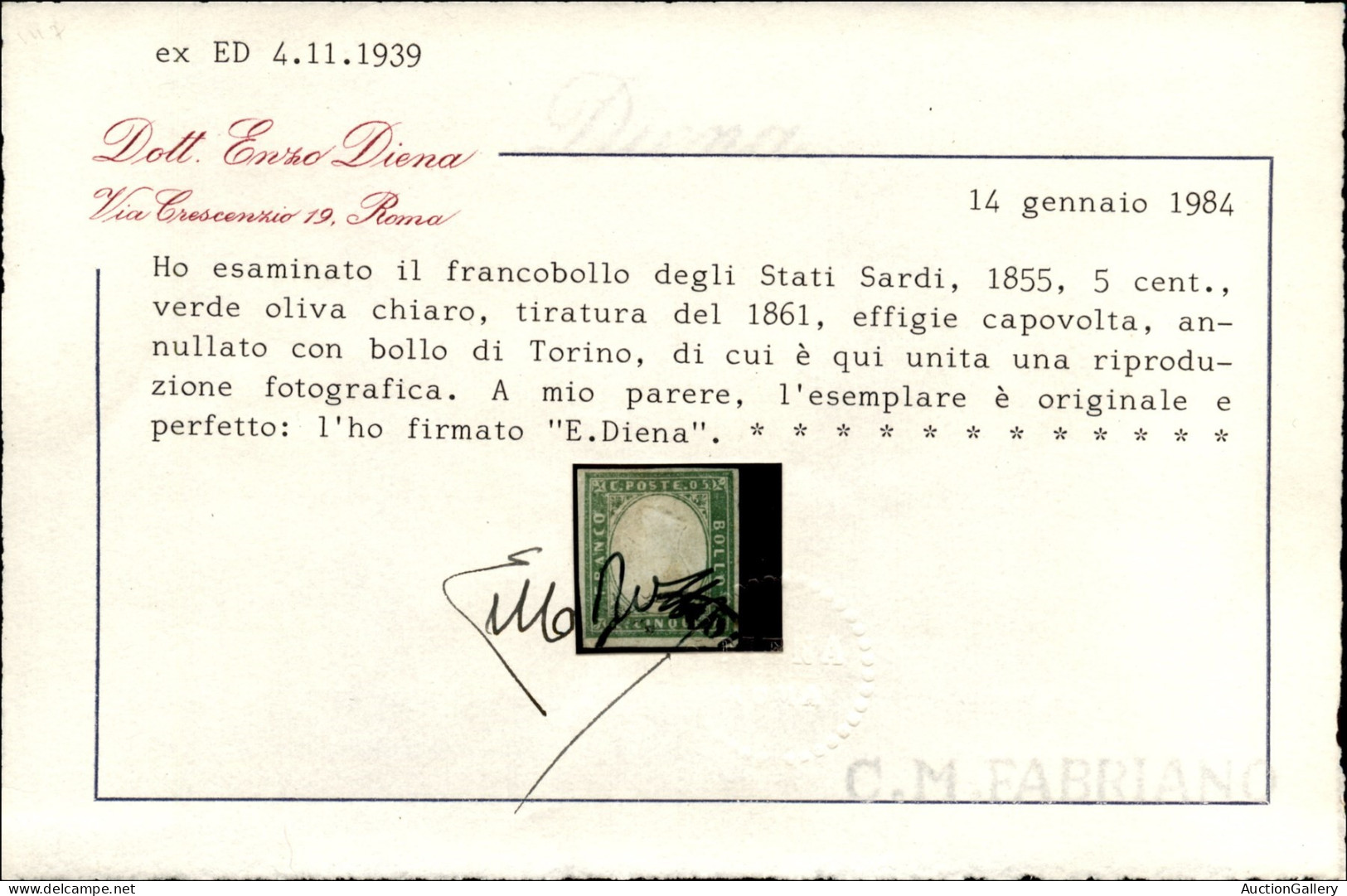 Antichi Stati Italiani - Sardegna - 5 Cent (13Ca) Con Effigie Capovolta - Usato - Cert. Diena + Cert. Raybaudi (8.500) - Andere & Zonder Classificatie