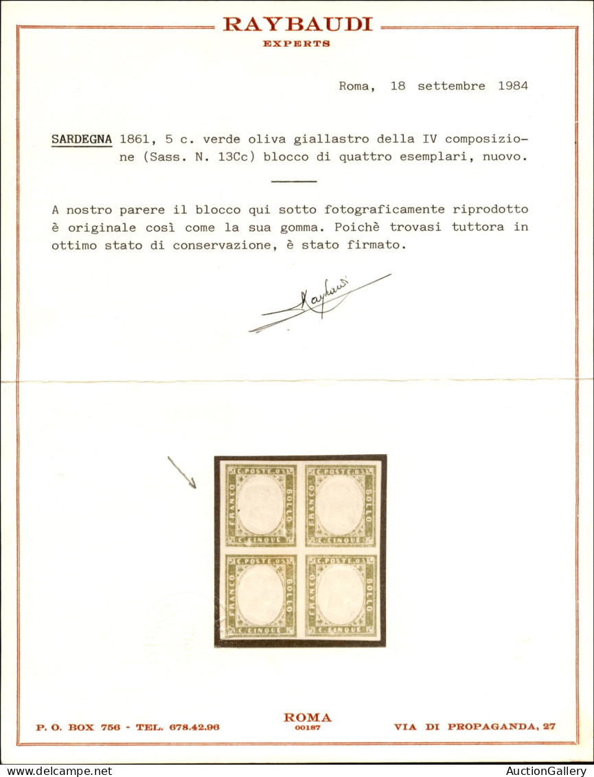 Antichi Stati Italiani - Sardegna - 1861 - 5 Cent (13Cc) - Gomma Originale - Cert. Raybaudi (1.200) - Other & Unclassified