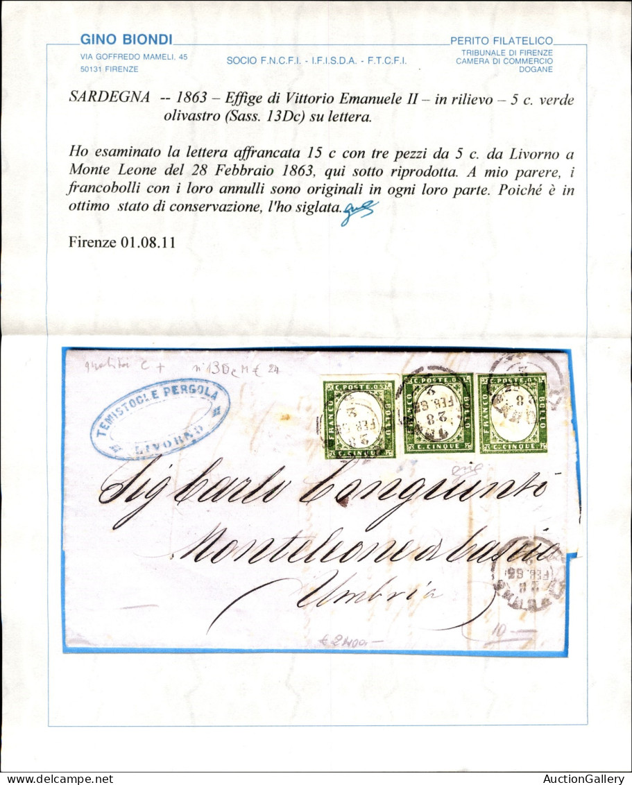 Antichi Stati Italiani - Sardegna - 5 Cent Verde Olivastro (13Dc) - Tre Pezzi (ritagliati Nel Disegno) Su Lettera Da Liv - Other & Unclassified