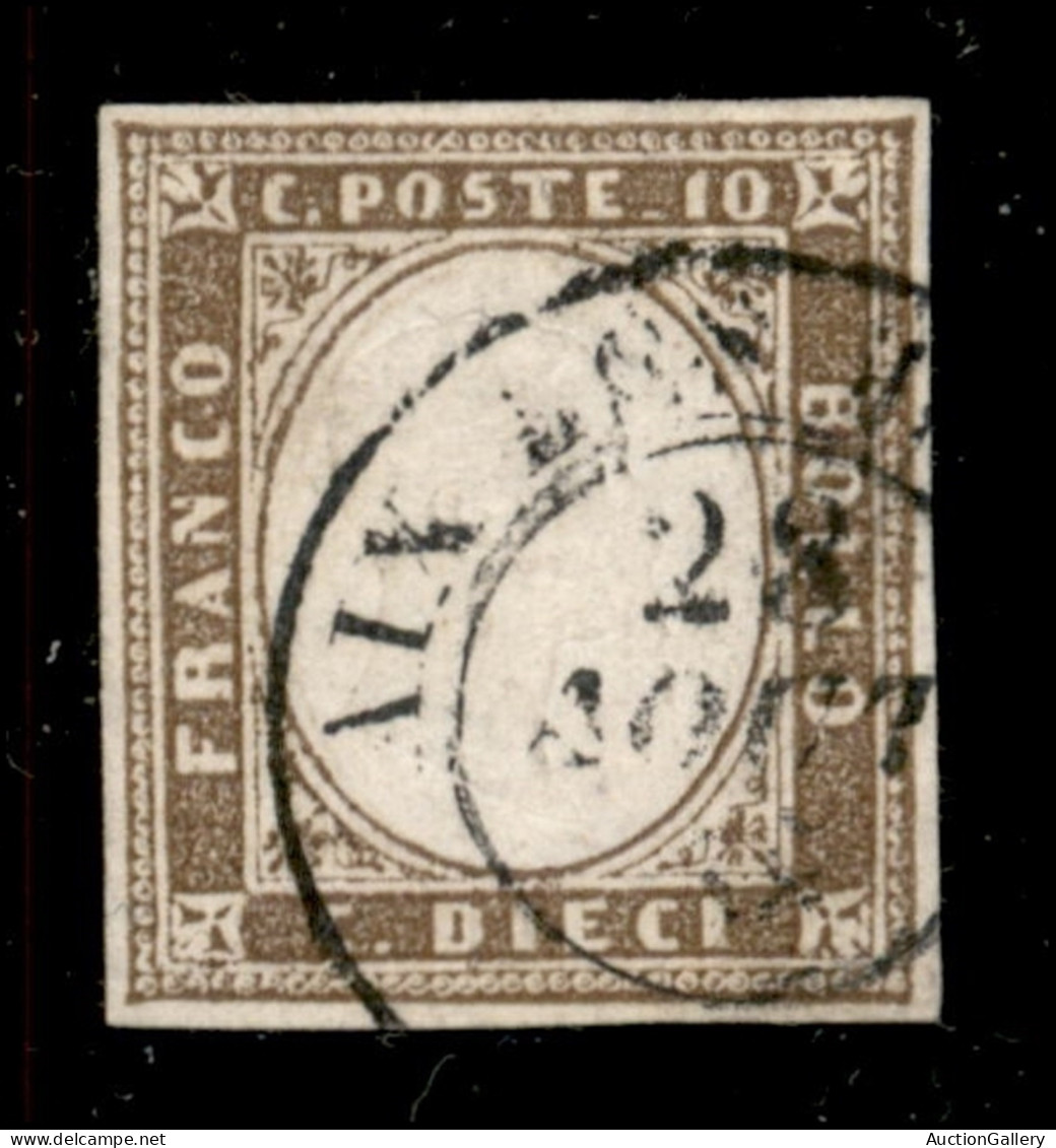 Antichi Stati Italiani - Sardegna - 1858 - 10 Cent Terra D'ombra Chiaro (14a) Usato A Aix - G. Bottacchi - Other & Unclassified