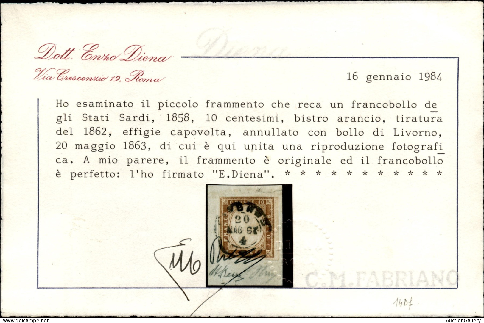 Antichi Stati Italiani - Sardegna - 10 Cent (14Df) Con Effigie Capovolta Su Frammento - Cert. Diena (10.000) - Sonstige & Ohne Zuordnung