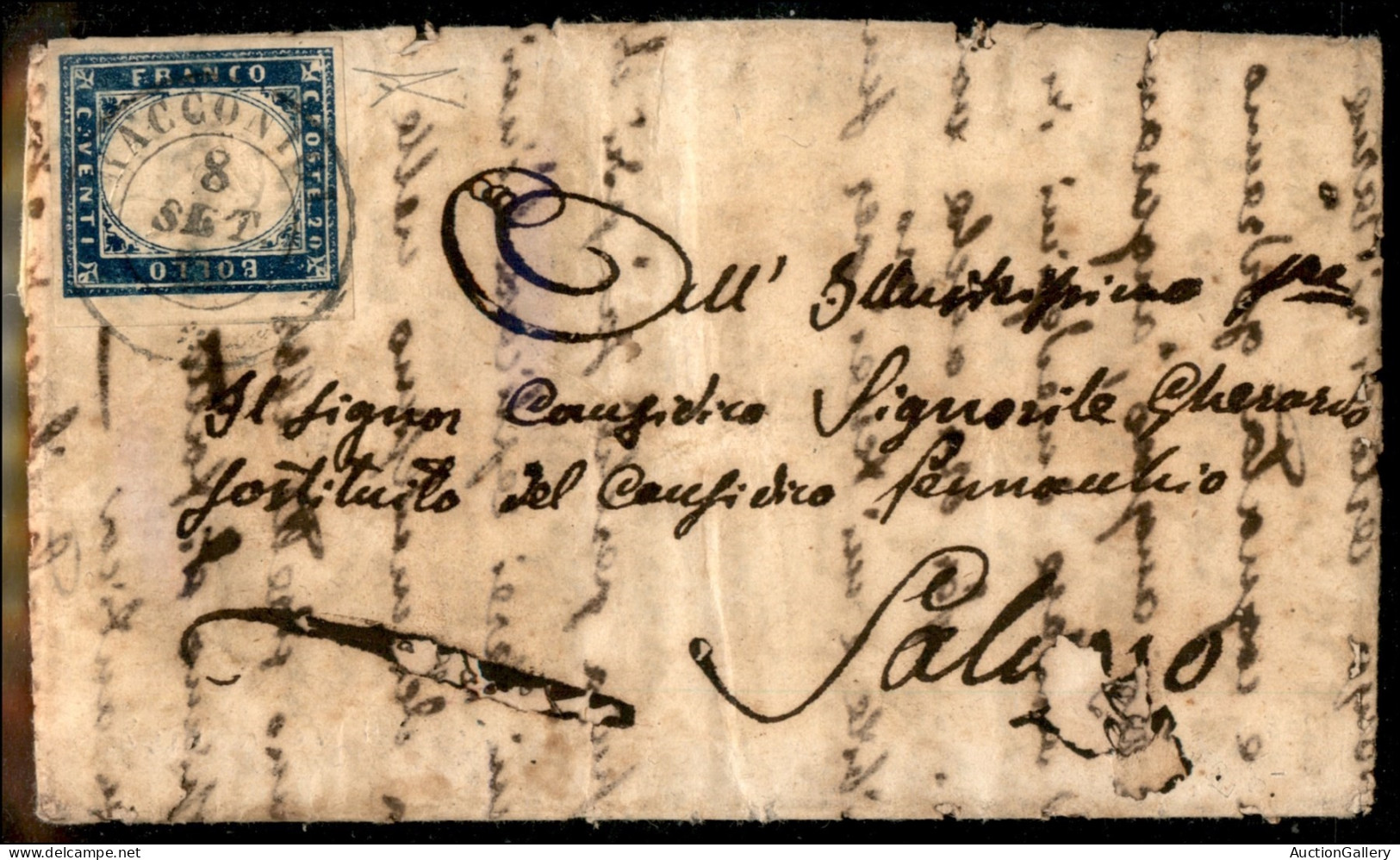 Antichi Stati Italiani - Sardegna - 20 Cent Celeste Oltremare Scurissimo (15i) - Lettera Da Racconigi A Saluzzo Del 8.12 - Other & Unclassified