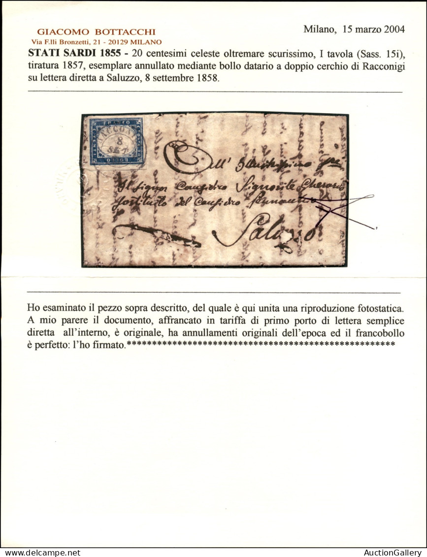 Antichi Stati Italiani - Sardegna - 20 Cent Celeste Oltremare Scurissimo (15i) - Lettera Da Racconigi A Saluzzo Del 8.12 - Other & Unclassified