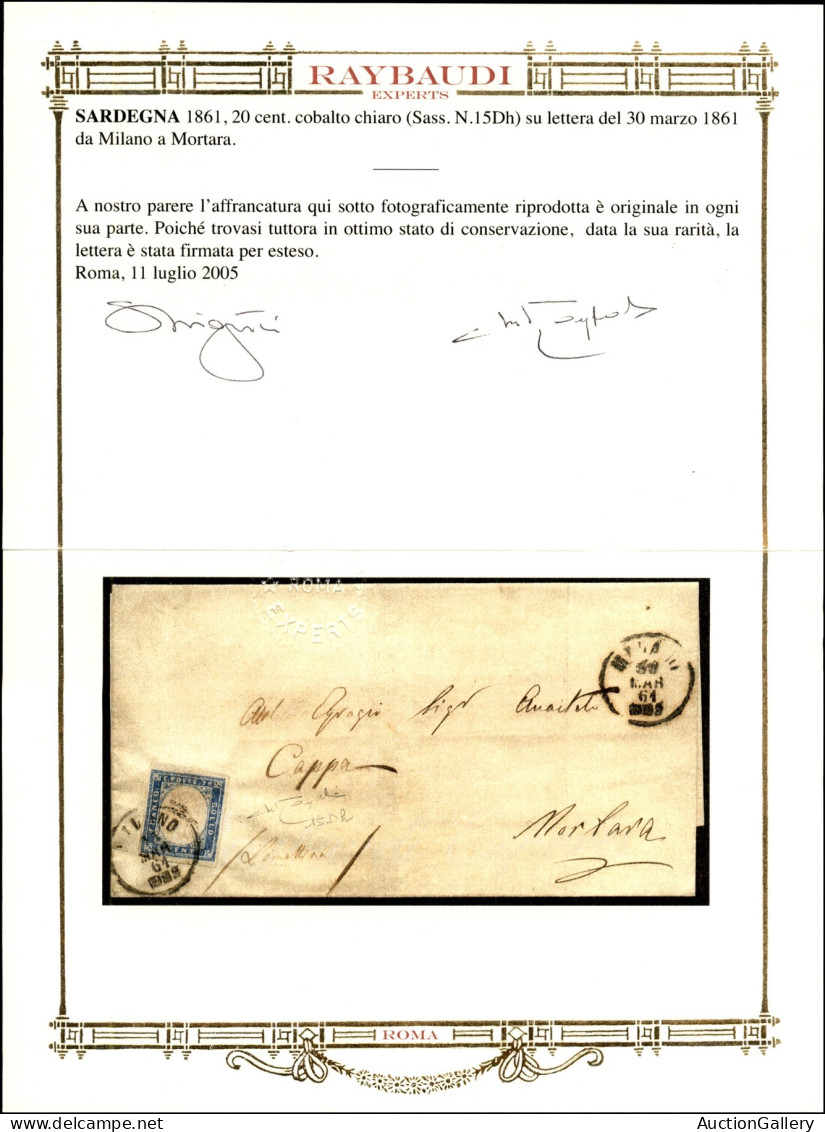 Antichi Stati Italiani - Sardegna - 20 Cent Cobalto Chiaro (15Dh) - Lettera Da Milano A Mortara Del 30.30.61 - Cert. Oro - Other & Unclassified