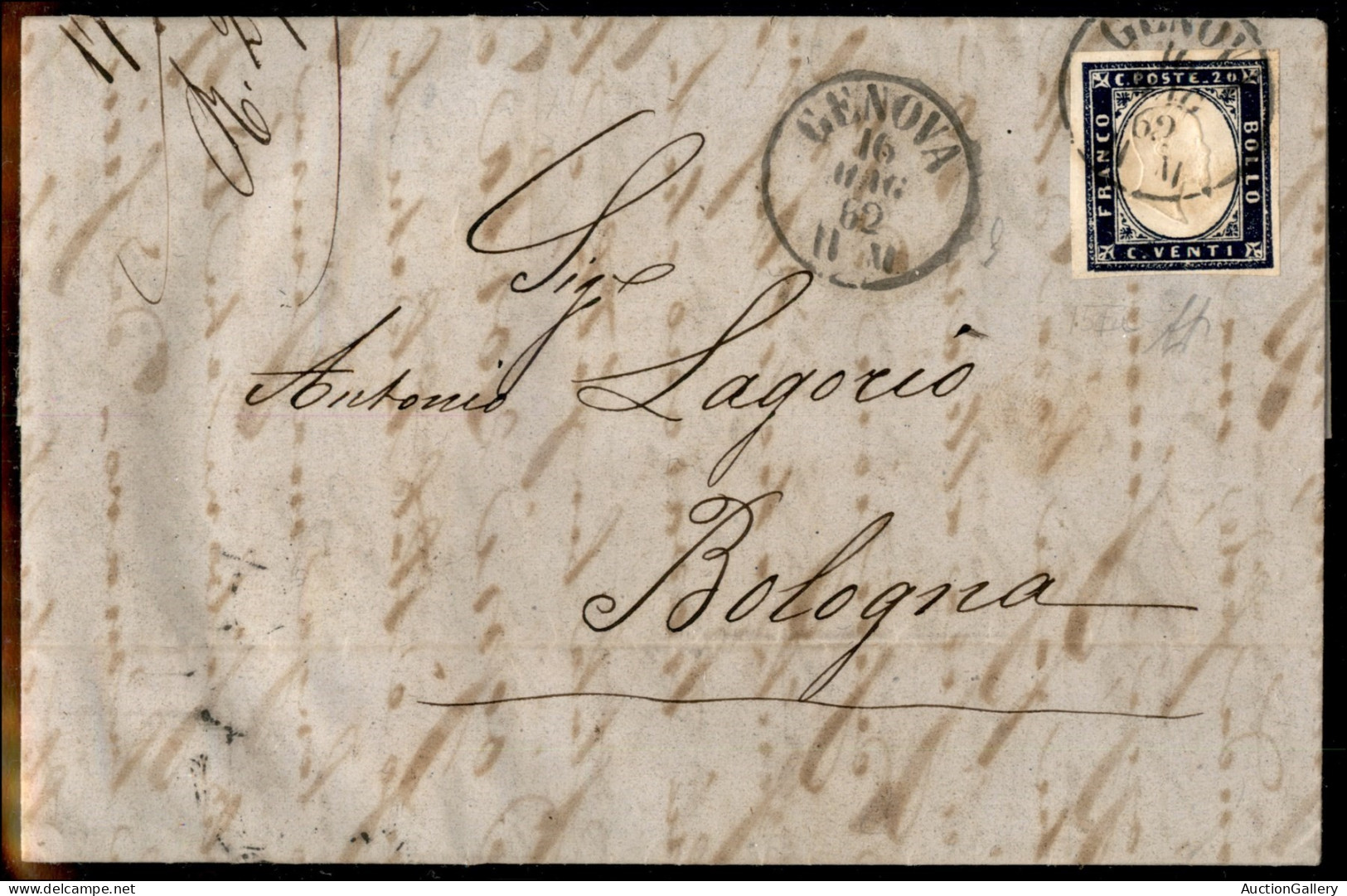 Antichi Stati Italiani - Sardegna - 20 Cent Indaco Violaceo Scuro (15Ea) Su Lettera Da Genova A Bologna Del 16.5.62 - A. - Otros & Sin Clasificación