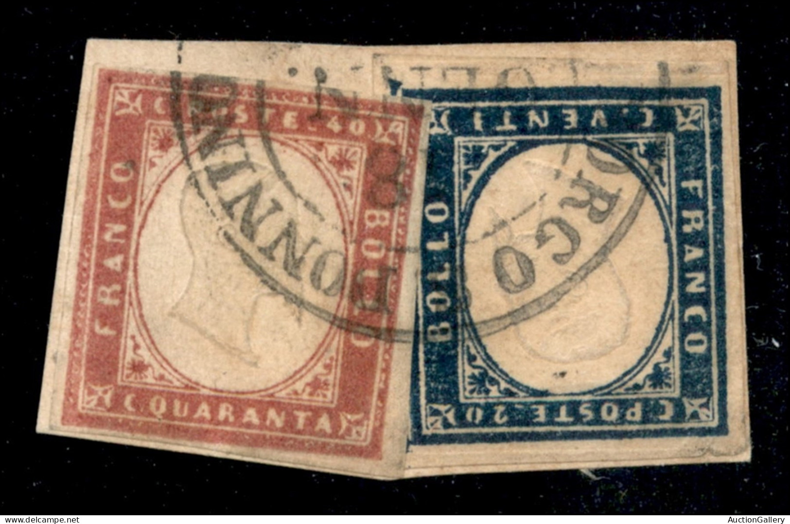 Antichi Stati Italiani - Sardegna - 1860 - 40 Cent Rosa Lilla Scurissimo (16Cg) + 20 Cent (15C) Su Frammento - Raro - Ce - Altri & Non Classificati