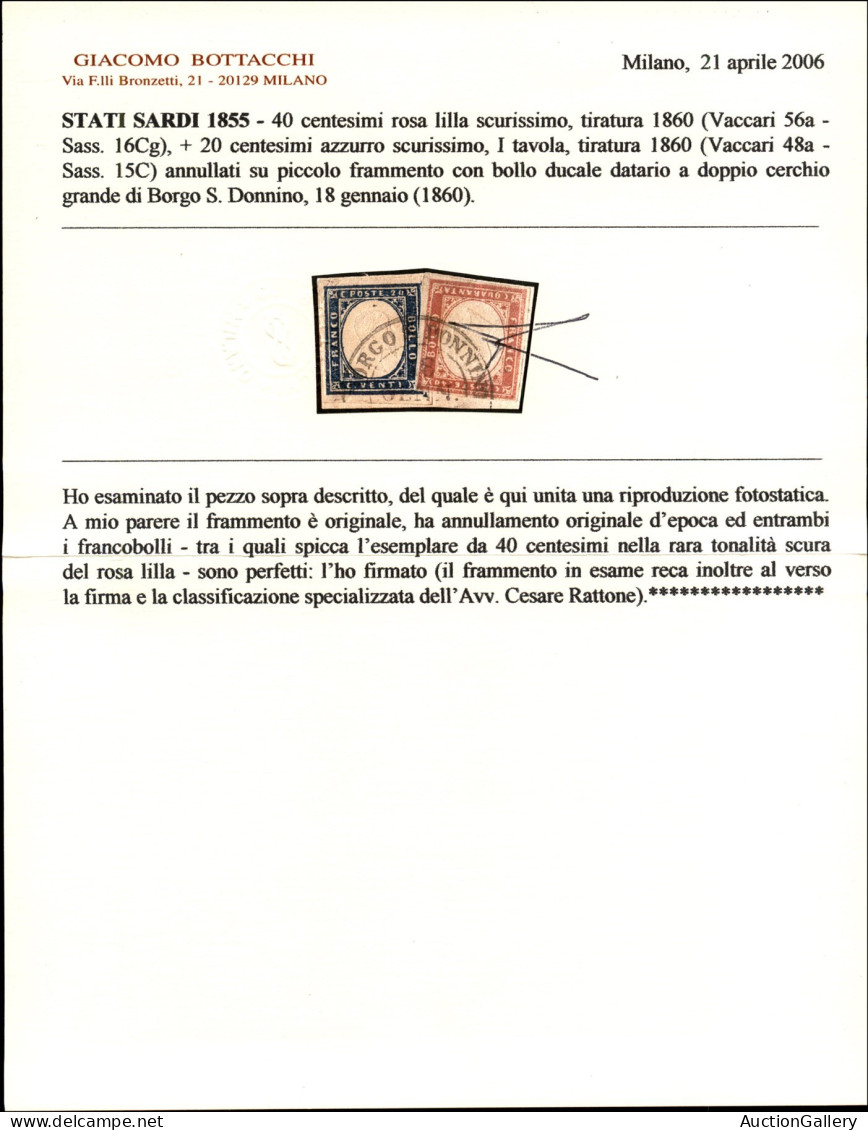 Antichi Stati Italiani - Sardegna - 1860 - 40 Cent Rosa Lilla Scurissimo (16Cg) + 20 Cent (15C) Su Frammento - Raro - Ce - Altri & Non Classificati