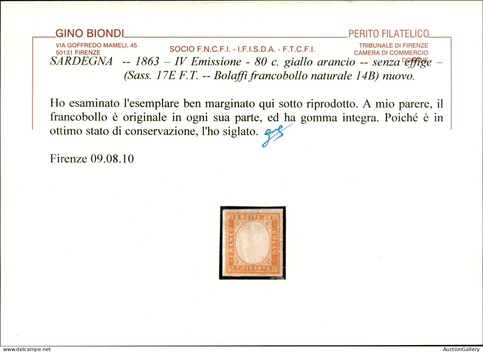 Antichi Stati Italiani - Sardegna - 1861 - Prova - Senza Effigie - 80 Cent (17C) - Gomma Integra - Cert. Biondi - Altri & Non Classificati