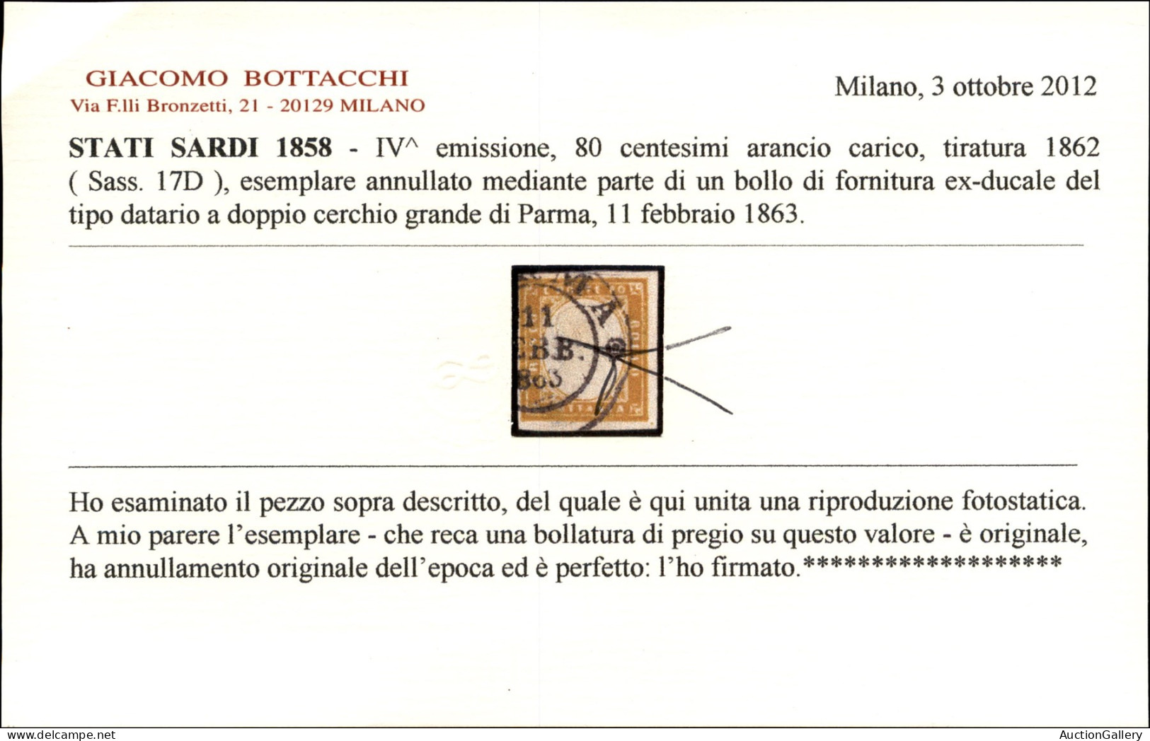 Antichi Stati Italiani - Sardegna - 80 Cent (17D - Sardegna) Con Annullamento Ducale Del 11.2.1863 - Non Comune - Em. Di - Sonstige & Ohne Zuordnung