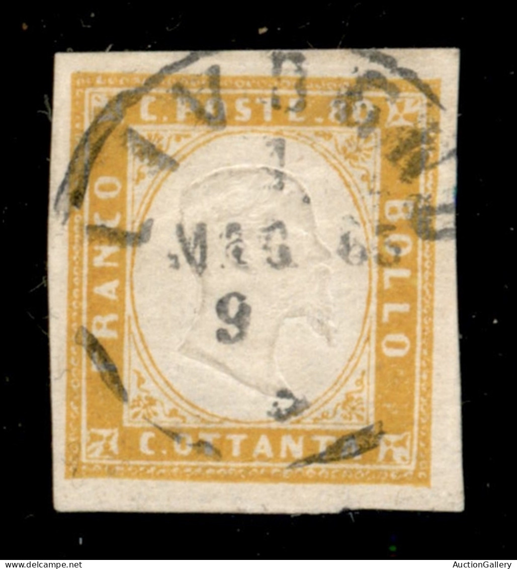 Antichi Stati Italiani - Sardegna - 1862 - 80 Cent Giallo (17Da) Usato A Livorno 1.5.1863 - Cert. Bottacchi - Otros & Sin Clasificación