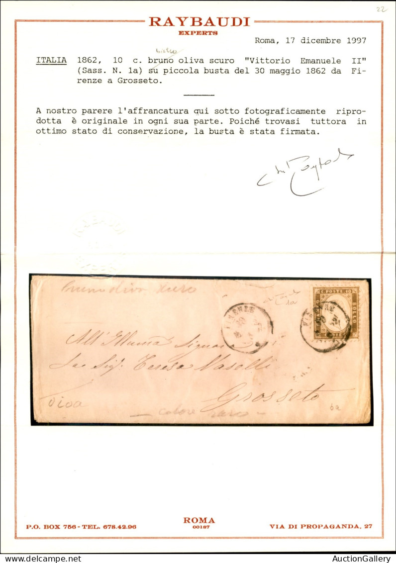 Regno - Vittorio Emanuele II - 10 Cent Bistro Oliva Scuro (1a) Su Lettera Da Firenze A Grosseto Del 30.5.62 - Cert Rayba - Sonstige & Ohne Zuordnung