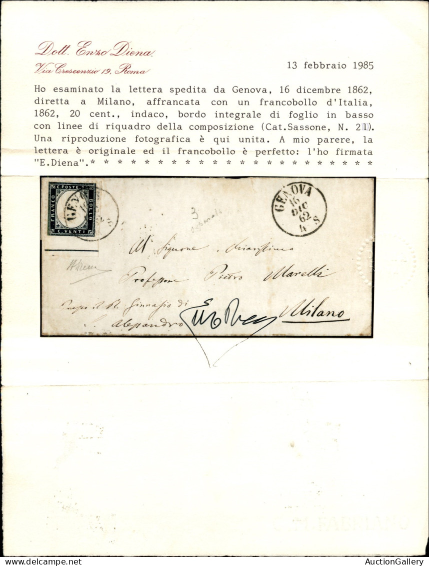 Regno - Vittorio Emanuele II - 20 Cent (2l) Non Dentellato In Basso Con Bordo Integrale - Lettera Da Genova A Milano Del - Sonstige & Ohne Zuordnung