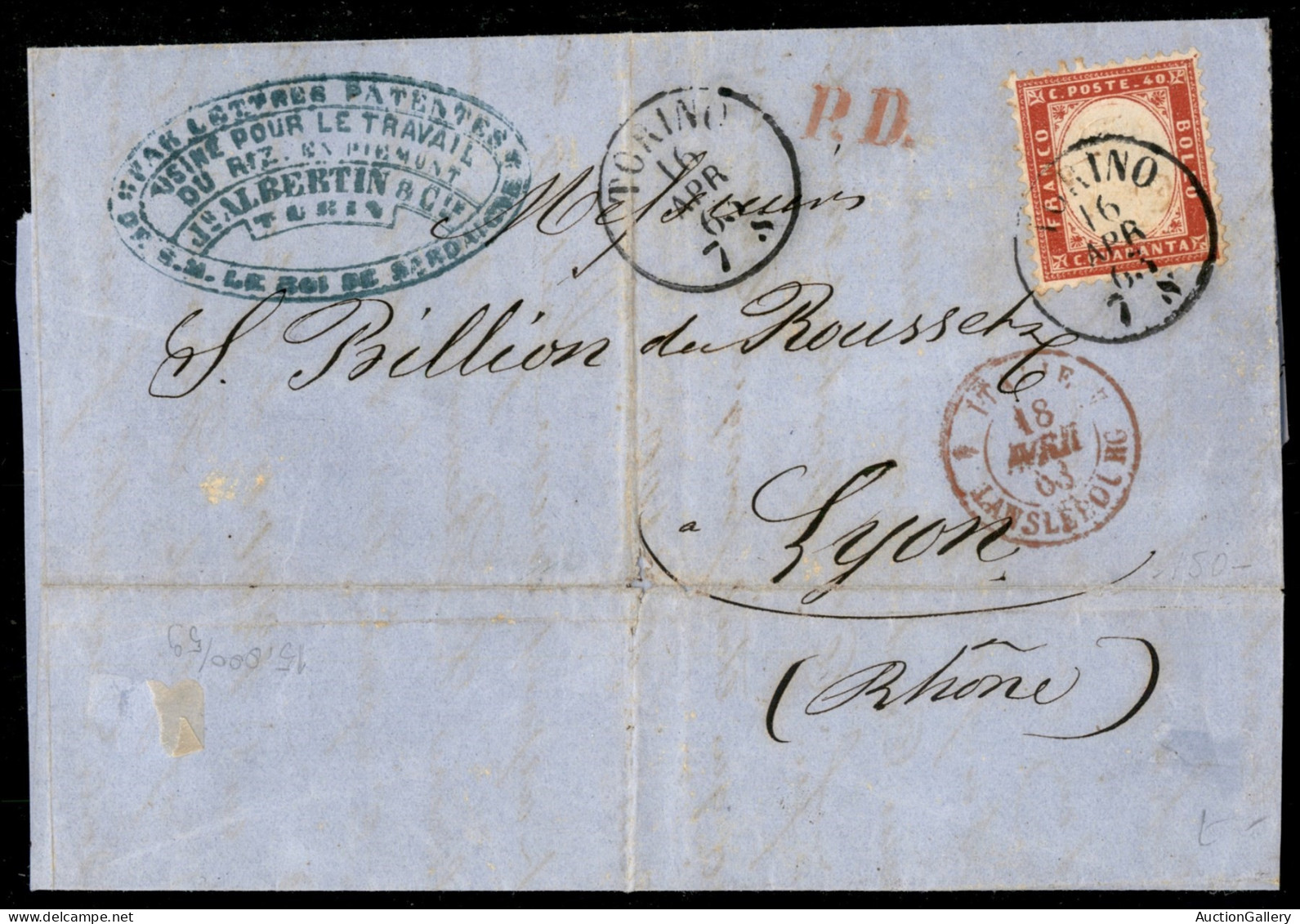 Regno - Vittorio Emanuele II - 40 Cent (3) Su Lettera Da Torino A Lione Del 16.4.1863 - Autres & Non Classés