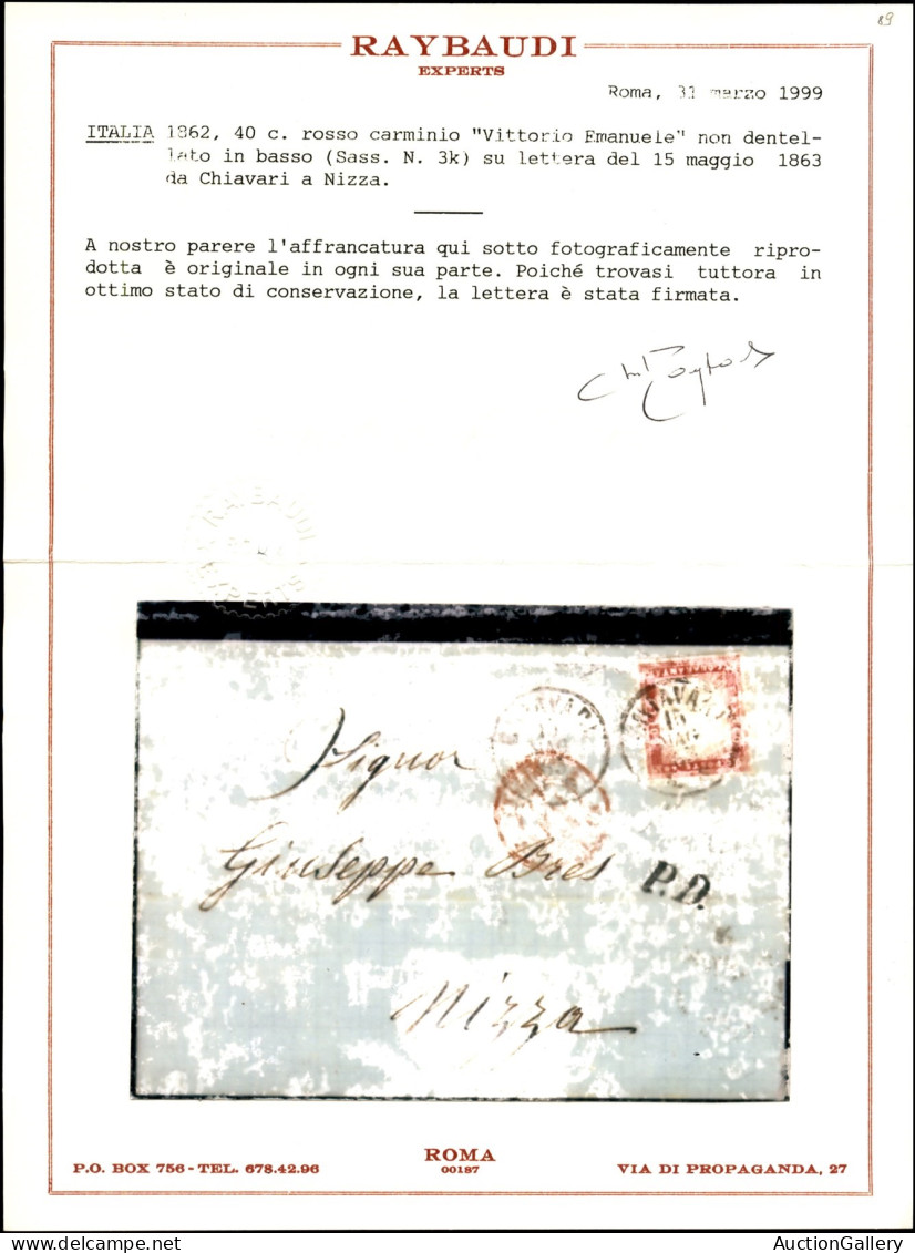 Regno - Vittorio Emanuele II - 40 Cent (3k) Non Dentellato In Basso - Lettera Da Chiavari A Nizza Del 15.5.63 - Diena +  - Altri & Non Classificati