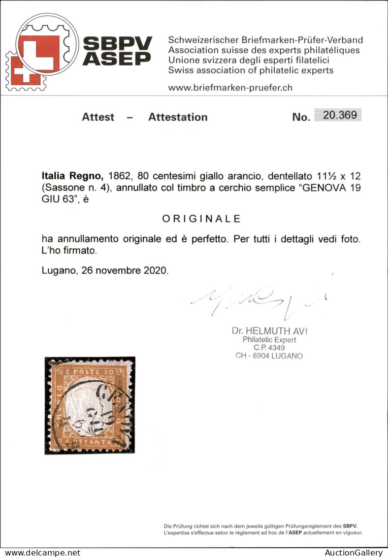 Regno - Vittorio Emanuele II - 1862 - 80 Cent (4) Usato - Molto Bello - Cert. Avi - Otros & Sin Clasificación