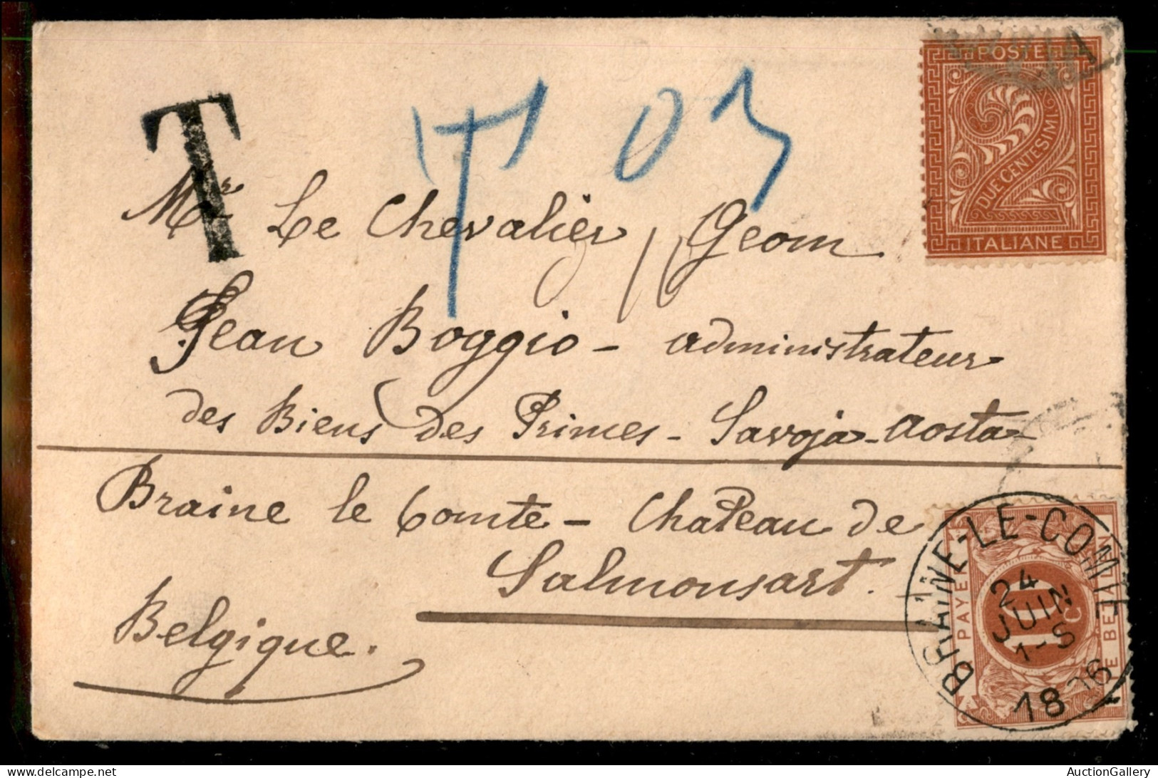 Regno - Vittorio Emanuele II - Bustina Per Salmonsart (Belgio) Del 24.6.96 Affrancata Con 2 Cent (T15) E Tassata In Arri - Andere & Zonder Classificatie