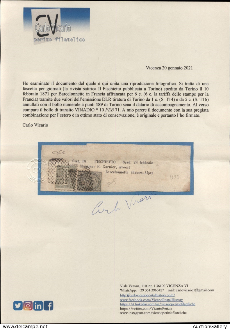 Regno - Vittorio Emanuele II - Fascetta Per Giornali (Il Fischetto) Affrancata Con Un 1 Cent (T14) + 5 Cent (T16) Da Tor - Autres & Non Classés