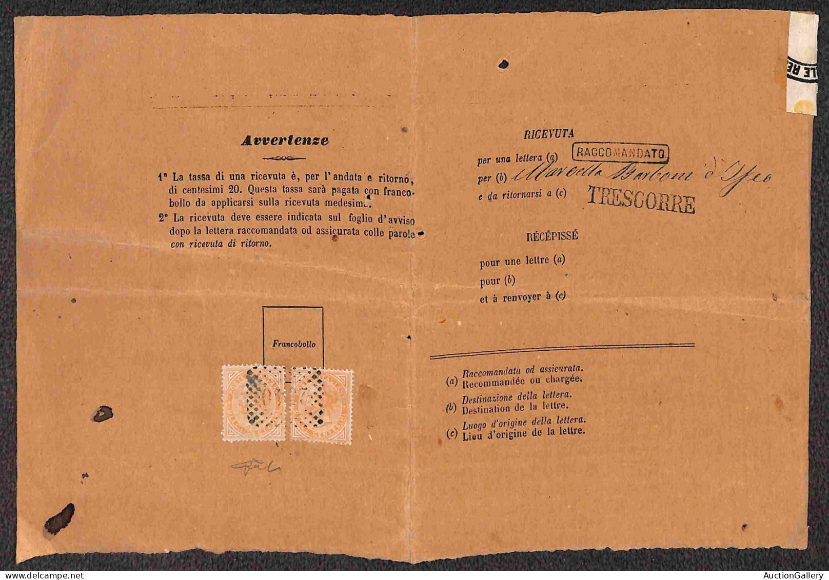 Regno - Vittorio Emanuele II - Modulo 24 Affrancato Con Due 10 Cent (L17) Da Trescorre Per Iseo Del 1.6.68 - Cert. Vicar - Otros & Sin Clasificación