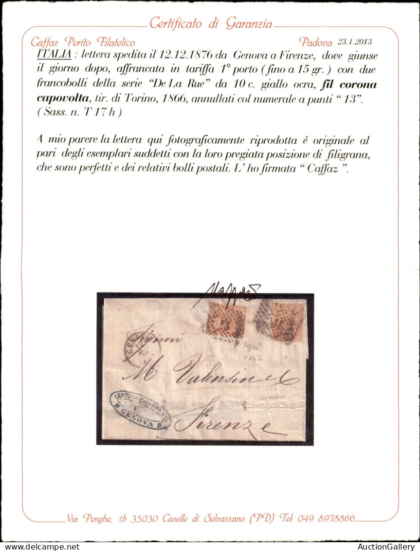 Regno - Vittorio Emanuele II - Lettera Affrancata Con Due 10 Cent (T17h) Con Filigrana Capovolta Da Genova A Firenze Del - Altri & Non Classificati