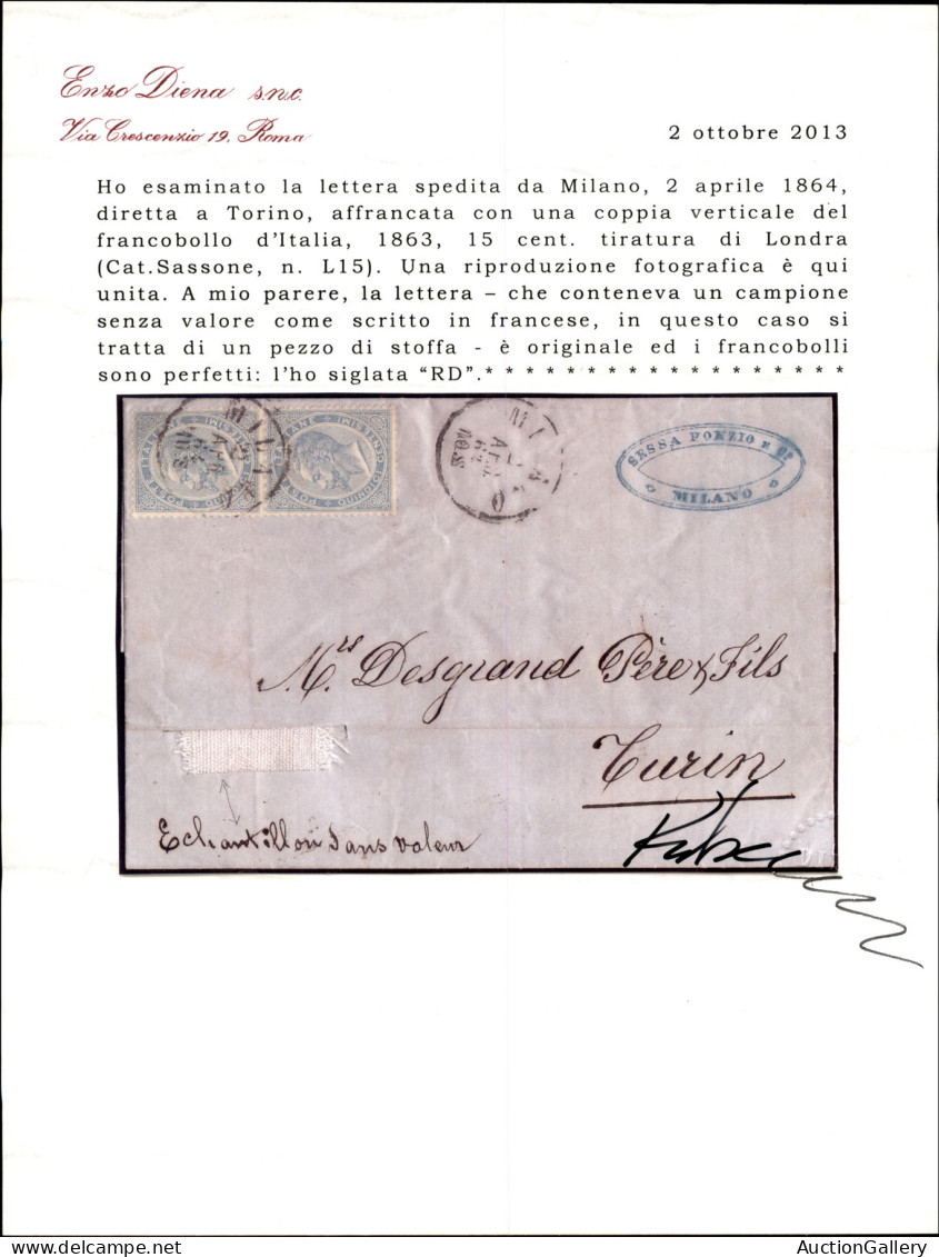Regno - Vittorio Emanuele II - Campione Senza Valore - Busta Affrancata Con Coppia Del 15 Cent (L18) Da Milano A Torino  - Other & Unclassified
