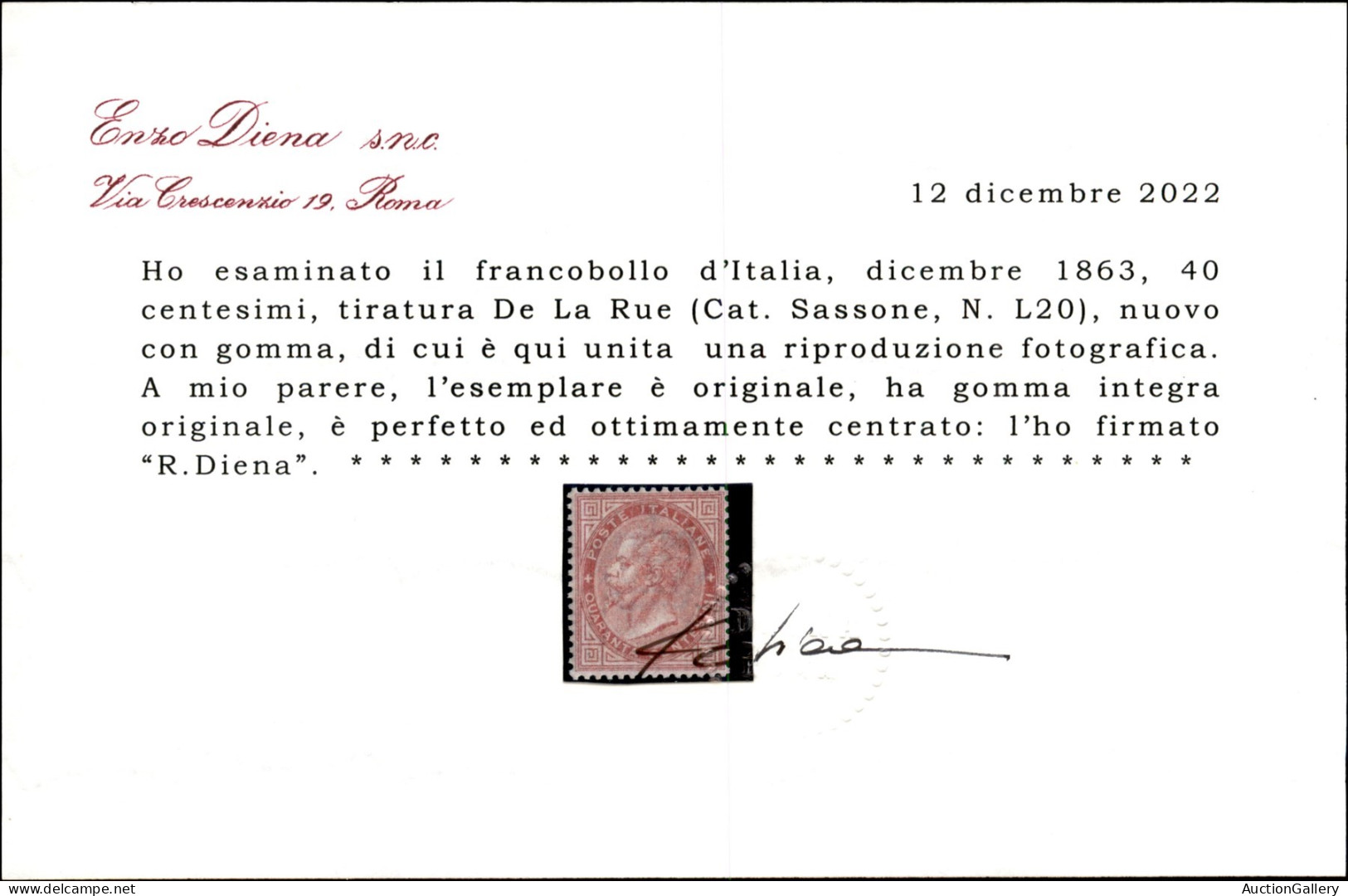 Regno - Vittorio Emanuele II - 1863 - 40 Cent Tiratura Di Londra (L20) - Gomma Integra - Ottimamente Centrato - Cert. R. - Other & Unclassified