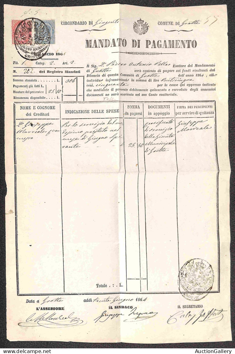 Regno - Vittorio Emanuele II - Uso Fiscale - 15 Cent + 40 Cent (L18 + L20) Su Mandato Di Pagamento - Girgenti 30.6.64 - Otros & Sin Clasificación