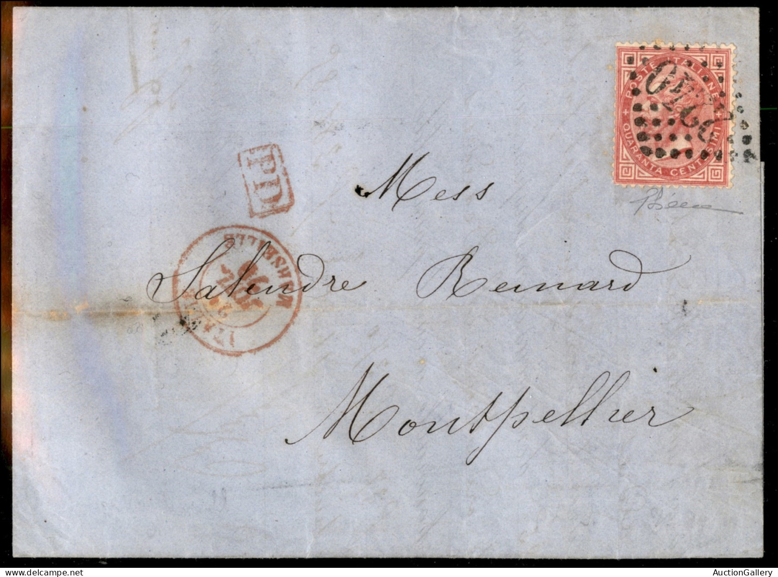 Regno - Vittorio Emanuele II - Lettera Affrancata Con 40 Cent (T20) Annullato Con Numerale 2240 Da Genova A Montpellier  - Andere & Zonder Classificatie