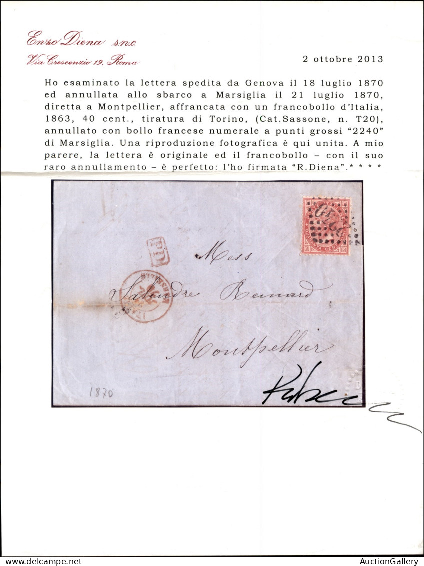 Regno - Vittorio Emanuele II - Lettera Affrancata Con 40 Cent (T20) Annullato Con Numerale 2240 Da Genova A Montpellier  - Sonstige & Ohne Zuordnung