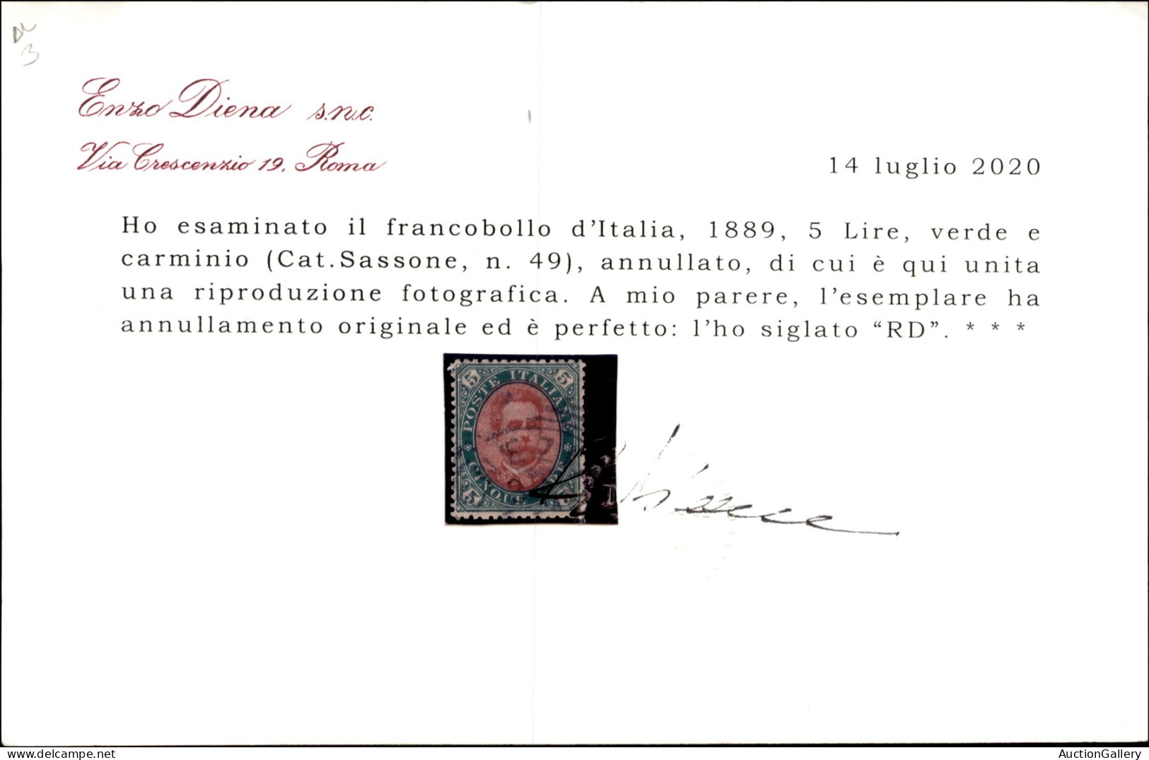 Regno - Umberto I - 1889 - 5 Lire Umberto (49) - Usato - Cert. Diena - Autres & Non Classés