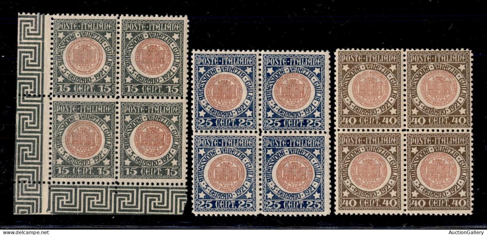 Regno - Vittorio Emanuele III - 1921 - Venezia Giulia (113/115) - Serie Completa In Quartine - Ottimamente Centrate - Go - Sonstige & Ohne Zuordnung