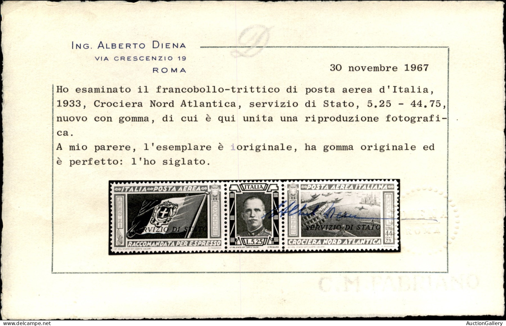 Regno - Servizio Aereo - 1933 - Servizio Di Stato (1) - Ottimamente Centrato - Gomma Integra - Splendido - Cert. A. Dien - Other & Unclassified