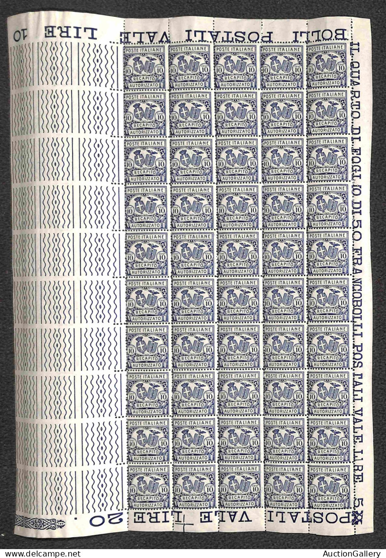 Regno - Recapito Autorizzato - 1928 - 10 Cent Stemmi (2) - Intero Foglio Di 50 Con Bordi Integri - Gomma Integra (2.000+ - Sonstige & Ohne Zuordnung