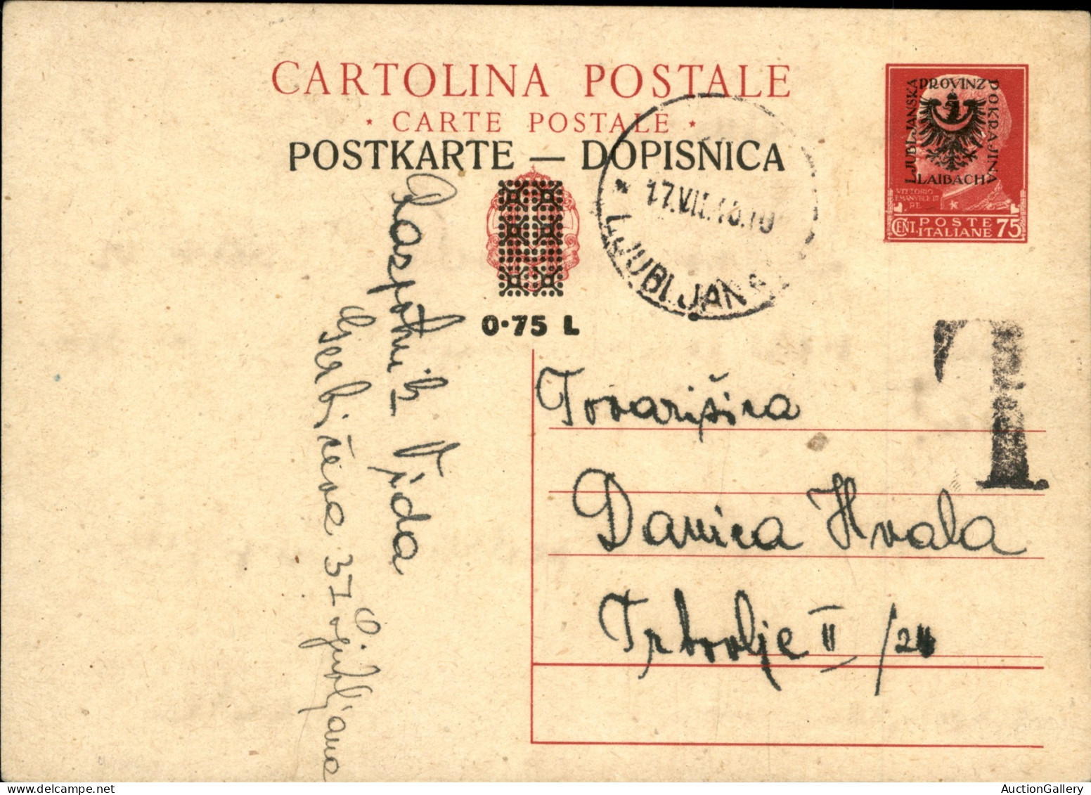 Occupazioni II Guerra Mondiale - Occupazione Tedesca - Lubiana - Intero Postale Da 75 Cent Soprastampato (C15) - Lubiana - Sonstige & Ohne Zuordnung